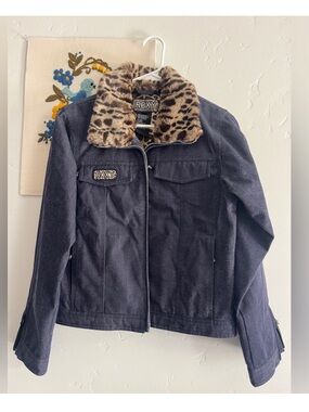 Roxy Navy Denim Jacket with Leopard Faux Fur Collar